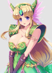 1girl :d armor blonde_hair blue_eyes blush bow breasts cleavage collarbone dress forehead_jewel gloves green_dress grey_background hair_bow helmet highres large_breasts long_hair looking_at_viewer low-tied_long_hair open_mouth pauldrons purple_eyes raochuu riesz seiken_densetsu seiken_densetsu_3 shoulder_armor simple_background smile solo v_arms very_long_hair winged_helmet