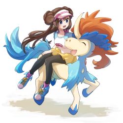 1girl black_pantyhose blue_eyes blush breasts brown_hair double_bun floating_hair gen_5_pokemon hair_bun happy hat horseback_riding keldeo keldeo_(ordinary) laughing legendary_pokemon long_hair medium_breasts miu_(miuuu_721) mythical_pokemon nintendo open_mouth pantyhose pokemon pokemon_(creature) pokemon_bw2 riding riding_pokemon rosa_(pokemon) shorts sitting smile yellow_shorts