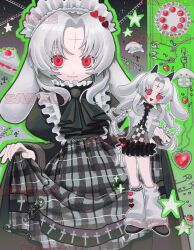 1girl animal_ears ascot black_ascot cake cake_slice charm_(object) clothes_lift commentary_request commission food hairstyle_request highres horns jewelry leg_warmers long_hair looking_at_viewer multiple_views necklace original plaid_clothes plaid_skirt poin_(goruchopame) rabbit_ears red_eyes ringed_eyes safety_pin sample_watermark skeb_commission skirt skirt_lift smile watermark white_background white_hair white_leg_warmers