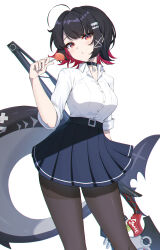 1girl akazaki_yukino black_choker black_hair black_pantyhose blue_skirt candy choker collared_shirt colored_inner_hair cowboy_shot ellen_joe ellen_joe_(on_campus) fins fish_tail food highres holding holding_candy holding_food holding_lollipop holding_scythe lollipop looking_at_viewer mole mole_under_eye multicolored_hair official_alternate_costume pantyhose parted_lips pleated_skirt razor_blade_hair_ornament red_hair scar scar_on_tail school_uniform scythe shark_girl shark_tail shirt short_hair skirt tail white_background white_shirt zenless_zone_zero