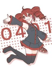 1girl :d ahoge arm_up boots breast_pocket breasts buttons commentary_request detached_sleeves drill_hair floating_hair full_body grey_boots grey_shirt grey_skirt headphones highres kasane_teto kasane_teto_(utau) looking_up open_mouth pleated_skirt pocket red_eyes red_hair red_trim shirt simple_background skc skirt sleeveless sleeveless_shirt small_breasts smile solo teeth thigh_boots thighhighs twin_drills utau zettai_ryouiki