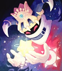 commentary_request crown disembodied_hand gloves horns kakuredo_ura kirby&#039;s_return_to_dream_land kirby_(series) magolor master_crown nintendo planet_popstar rayman_limbs red_eyes solo star_(sky) traitor_magolor white_gloves