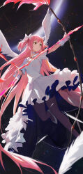 1girl absurdres black_pantyhose bow_(weapon) choker dress feathered_wings gloves highres holding holding_bow_(weapon) holding_weapon jianjia kaname_madoka long_hair mahou_shoujo_madoka_magica mahou_shoujo_madoka_magica_(anime) multiple_wings pantyhose pink_hair shoes short_sleeves solo two_side_up ultimate_madoka weapon white_choker white_dress white_gloves white_shoes wings yellow_eyes
