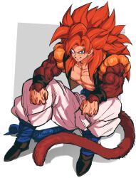 absurdres biceps blue_eyes blue_sash body_fur brown_fur dragon_ball dragon_ball_gt fusion fusion_dance gogeta highres metamoran_vest monkey_boy monkey_tail muscular muscular_male no_nipples red_hair relio_db318 sash sitting smirk spiked_hair super_saiyan super_saiyan_4 tail veins veiny_hands