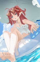 Rule 34 | 1girl, :p, absurdres, ahoge, arknights, beach, bikini, chromatic aberration, closed mouth, cloud, collarbone, day, earrings, feet, fingernails, flower, full body, green eyes, hair flower, hair ornament, heart, heart earrings, highres, innertube, jewelry, light blush, long hair, looking at viewer, myrtle (arknights), myrtle (summer flowers) (arknights), necklace, official alternate costume, outdoors, parasol, parted bangs, pearl necklace, pointy ears, red hair, shikyou yoru, soles, solo, swim ring, swimsuit, toes, tongue, tongue out, umbrella, uneven eyes, water, white bikini