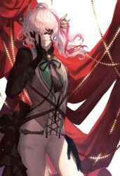 Rule 34 | 1other, ame tyaya, androgynous, back bow, bead curtain, black bow, black gloves, black ribbon, black shirt, bow, brooch, colored lapels, commentary, contrapposto, corset, cowboy shot, curtains, english commentary, expressionless, eyepatch, facing viewer, frilled shirt collar, frills, gloves, grey vest, hair between eyes, hair ornament, hand on own cheek, hand on own face, hand on own thigh, highres, jewelry, lapels, long sleeves, multicolored hair, neck ribbon, original, other focus, pants, ribbon, shawl lapels, shirt, side ponytail, sideways glance, solo, stage curtains, standing, streaked hair, vest, wavy hair, white background, white corset, white pants, wing hair ornament, yellow eyes