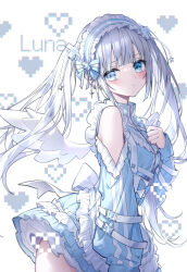 1girl angel angel_day bare_shoulders blue_bow blue_dress blue_eyes blunt_bangs blush bow closed_mouth cowboy_shot cross cross_earrings dress earrings frills grey_hair heart heterochromia highres jacket jersey jersey_maid jewelry kazunehaka lolita_fashion long_hair long_sleeves looking_at_viewer maid original shirt sidelocks sleeves_past_wrists solo tenshi_kaiwai track_jacket track_suit twintails unconventional_maid very_long_hair white_background white_hair