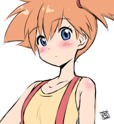1girl :o asymmetrical_hair bare_shoulders blue_eyes blush breasts female_focus gen_1_pokemon gym_leader hair_between_eyes kamogawa_tanuki looking_at_viewer misty_(pokemon) nintendo orange_hair pokemon pokemon_(anime) pokemon_(classic_anime) pokemon_rgby ponytail shirt short_hair side_ponytail sleeveless sleeveless_shirt solo suspenders tank_top upper_body yellow_shirt