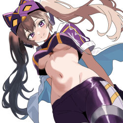 1girl blush breasts brown_hair closed_mouth doubletwin duel_monster from_below hair_between_eyes hair_ornament headgear i:p_masquerena large_breasts long_hair looking_at_viewer navel purple_eyes see-through_clothes short_sleeves simple_background smile solo stomach twintails white_background yu-gi-oh!