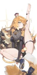 1girl absurdres animal_ear_fluff animal_ears barefoot bell berserker_r black_gloves blonde_hair colored_inner_hair fingerless_gloves full_body gloves green_eyes high-waist_shorts highres jacket jingle_bell ju_fufu leg_up legs long_hair looking_at_viewer multicolored_hair one_eye_closed shoes short_shorts shorts simple_background single_shoe sneakers solo tail tiger_ears tiger_girl tiger_tail tongue tongue_out white_background yellow_jacket zenless_zone_zero