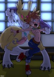belt bestiality denim digimon digimon_(creature) digimon_tamers furry h1draw jeans loli makino_ruki nipples pants renamon
