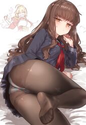 2girls ass black_serafuku brown_eyes brown_hair ebora fate/extra fate_(series) highres kishinami_hakuno_(female) long_hair multiple_girls neckerchief nero_claudius_(fate) nero_claudius_(fate/extra) panties panties_under_pantyhose pantyhose red_neckerchief school_uniform serafuku solo_focus thumbs_up tsukumihara_academy_uniform_(fate/extra_ccc) underwear
