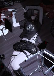 Rule 34 | 1girl, absurdres, arm wrap, bird, black boots, black hair, black shirt, black skirt, blood, blood on face, bloody weapon, boots, broken plate, cellphone, cross hair ornament, fishnet thighhighs, fishnets, fork, hair ornament, highres, holding, holding knife, implied murder, knife, lobsteranian, looking at viewer, lying, medium hair, miniskirt, navel, on back, original, phone, plate, print shirt, red eyes, shirt, single thighhigh, skirt, smartphone, solo, thigh strap, thighhighs, weapon