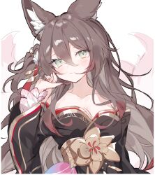 1girl absurdres animal_ear_fluff animal_ears bare_shoulders black_dress breasts brown_hair collarbone dress fox_ears fox_girl fox_tail fugue_(honkai:_star_rail) green_eyes hair_between_eyes highres honkai:_star_rail honkai_(series) large_breasts light_blush long_hair long_sleeves looking_at_viewer mokyuko simple_background solo tail tingyun_(honkai:_star_rail) wide_sleeves