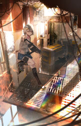 1girl absurdres advarcher against_wall assault_rifle black_socks blue_skirt cardigan collared_shirt crate explosive fingerless_gloves foot_against_wall girls&#039;_frontline girls&#039;_frontline_2:_exilium gloves grenade grey_cardigan grey_hair grey_jacket gun highres holding holding_gun holding_weapon indoors jacket kriss_vector necktie parted_bangs pleated_skirt pouch rifle shirt shoes short_hair skirt sneakers socks solo standing standing_on_one_leg striped_necktie submachine_gun thigh_pouch vector_(girls&#039;_frontline) vector_(girls&#039;_frontline_2) weapon weapon_request yellow_eyes