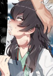 1boy 1girl ^^^ absurdres ameku_takao ameku_takao_no_suiri_karte bar_censor black_hair blurry blurry_background blush censored commentary_request cum cum_in_mouth cum_overflow deepthroat doctor fellatio hands_on_another&#039;s_head hetero highres irrumatio medium_hair mizumizuni oral penis red_eyes solo_focus upper_body