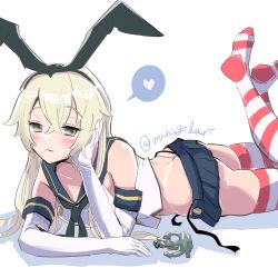 1girl :3 animal_ears arm_support ass bare_shoulders black_panties black_ribbon blonde_hair blue_sailor_collar blue_skirt blush breasts butt_crack buttons cropped_shirt double-breasted elbow_gloves from_side full_body gloves green_eyes hair_between_eyes hair_ribbon hairband half-closed_eyes hand_on_own_cheek hand_on_own_face head_rest heart highleg highleg_panties highres kantai_collection legs_folded long_hair looking_at_viewer lying microskirt mihigidari neckerchief on_stomach panties pleated_skirt rabbit_ears red_neckerchief ribbon sailor_collar shimakaze_(kancolle) shirt skirt sleeveless sleeveless_shirt small_breasts solo spoken_heart striped_clothes striped_thighhighs tan tanline thighhighs thighs underwear very_long_hair white_gloves white_shirt