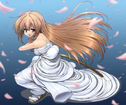 Rule 34 | 00s, 1girl, back, banchou, bandages, bare shoulders, battoujutsu stance, brown eyes, brown hair, cherry blossoms, delinquent, female focus, fighting stance, flip-flops, highres, impossible clothes, kemu, long hair, open mouth, ready to draw, sandals, sarashi, seto no hanayome, seto sun, solo, sword, weapon, wooden sword