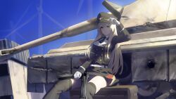 1girl absurdres asimo_(hakurei10201) assault_rifle blonde_hair boots commission commissioner_upload girls&#039;_frontline gloves green_eyes gun highres kneehighs military_uniform military_vehicle motor_vehicle necktie panties rifle skeb_commission socks stg44 stg44_(girls&#039;_frontline) tank underwear weapon white_gloves white_panties wind_turbine windmill