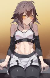 1girl abs absurdres ahoge arknights arm_warmers bench bird_girl black_arm_warmers black_bra black_leggings black_shorts black_sports_bra blush bra breasts brown_hair cleavage closed_mouth collarbone commission commissioner_upload compression_sleeve feather_hair hair_between_eyes highres leggings leggings_under_shorts looking_at_viewer medium_breasts medium_hair midriff multicolored_hair multicolored_sports_bra navel on_bench plume_(arknights) plume_(easy_time)_(arknights) sasa_onigiri shorts sidelocks simple_background sitting skeb_commission solo sports_bra sportswear sweat sweatdrop toned two-tone_hair two-tone_shorts two-tone_sports_bra underwear white_bra white_hair white_shorts white_sports_bra workout_clothes yellow_eyes