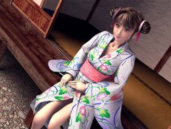 1girl 3d brown_hair double_bun female_focus flear hair_bun incise_soul japanese_clothes kimono legs m-rs outdoors sitting solo yukata
