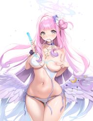 Rule 34 | 1girl, absurdres, alternate costume, armpit crease, bare arms, bare shoulders, bikini, bikini in mouth, blue archive, blue bow, blue choker, blue flower, blue hair, blue halo, blush, bow, bow choker, breasts, breasts apart, cameltoe, charm (object), choker, clothes in mouth, collarbone, commentary, covered erect nipples, covering nipples, covering one nipple, covering privates, cowboy shot, crescent, cross, cross necklace, feathered wings, fingernails, floating hair, flower, food, food on body, food on breasts, gradient hair, hair bun, hair flower, hair ornament, halo, hands up, highres, holding, holding food, holding popsicle, jewelry, large breasts, light smile, long fingernails, long hair, looking at viewer, low wings, melting popsicle, mika (blue archive), mika 030, mouth hold, multicolored eyes, multicolored hair, multicolored halo, nail polish, navel, necklace, nervous smile, one breast out, open clothes, parted lips, pearl necklace, pink hair, pink halo, pink nails, popsicle, purple eyes, purple scrunchie, raised eyebrows, scrunchie, side-tie bikini bottom, sidelocks, simple background, single side bun, smile, solo, stomach, string bikini, sweat, swimsuit, symbol-only commentary, thigh gap, two-tone halo, untied bikini, untied bikini top, very long hair, white background, white bikini, white wings, wings, wrist scrunchie, yellow eyes