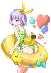 1girl :3 absurdres ass balloon bikini bikini_bottom_only chinese_commentary commentary_request fate/grand_order fate_(series) from_side green_bikini green_shirt hairband heart_balloon highres innertube kazuradrop_(fate) kazuradrop_(second_ascension)_(fate) purple_eyes purple_hair rubber_duck shenqi_xiao_hong_zai_nali shirt simple_background smile solo swim_ring swimsuit thighs white_background yellow_hairband yellow_innertube
