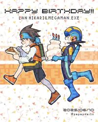 2boys birthday_cake black_shorts blue_bodysuit blue_headband blue_helmet bodysuit brown_eyes brown_hair cake candle character_name curry curry_rice dated english_text fire food from_side full_body green_eyes happy_birthday headband helmet holding holding_food holding_plate holding_spoon lan_hikari_(mega_man) mega_man_(series) mega_man_battle_network_(series) megaman.exe multiple_boys open_mouth orange_vest plate pmpmpemiso profile rice shirt short_hair shorts spoon twitter_username vest white_background white_shirt