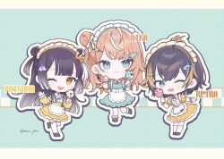 3girls :3 amo_pon black_hair blue_eyes chibi chibi_only food green_eyes hair_ornament hairclip ice_cream ice_cream_cone igarashi_rika maid maid_headdress multiple_girls nijisanji nijisanji_en one_eye_closed orange_eyes orange_hair petra_gurin umise_yotsuha