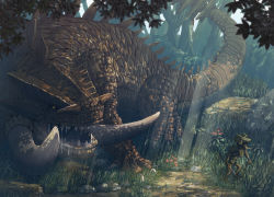 behemoth commentary_request dragon&#039;s_dogma dragon&#039;s_dogma_(series) dragon&#039;s_dogma_online earasensha forest goblin nature no_humans open_mouth polearm saliva spear tree tusks weapon