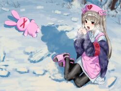 Rule 34 | 1girl, apron, armband, black pantyhose, blue jacket, blush, breath, cold, collared dress, dress, fang, footprints, grey hair, hat, highres, jacket, long hair, long sleeves, looking at viewer, natori sana, nurse cap, oekakikujira, off shoulder, open mouth, outdoors, own hands together, pantyhose, red eyes, sana channel, sandals, shadow, skin fang, snow, solo, stuffed animal, stuffed rabbit, stuffed toy, virtual youtuber, white dress