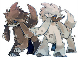 alternate_color character_name closed_mouth commentary_request dog full_body furfrou gen_6_pokemon nintendo no_humans pokedex_number pokemon pokemon_(creature) red_eyes shiny_and_normal shiny_pokemon simple_background tetori twitter_username white_background