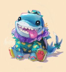 1boy artist_name blue_shirt commentary dated english_commentary fangs fins fish_tail flip-flops hat jeff_(marvel) jeff_the_land_shark_(sunshine_land_shark) looking_to_the_side male_focus marvel marvel_rivals mini_hat mini_top_hat neo_jpeg open_mouth pawpads sandals shark shark_tail shirt signature sitting smile star_(symbol) tail tongue tongue_out top_hat