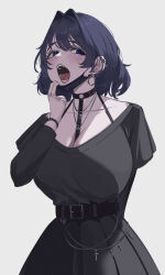 1girl absurdres alternate_costume belt black_dress black_mask blue_eyes blue_hair blush breasts cleavage cross dress earrings eipanguino goth_fashion grey_background hair_intakes highres hololive hololive_english jewelry large_breasts long_sleeves looking_at_viewer mask mask_pull mouth_mask open_mouth ouro_kronii piercing short_hair simple_background solo tongue_piercing upper_body virtual_youtuber