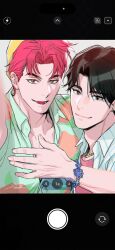 2boys abby_(kpop_demon_hunters) adam&#039;s_apple armlet beanie black_hair blue_shirt closed_mouth collarbone earrings fake_phone_screenshot fake_screenshot green_eyes hat hawaiian_shirt highres jewelry jinu_(kpop_demon_hunters) juneseo kpop_demon_hunters looking_at_viewer lower_teeth_only male_focus multiple_boys necklace open_clothes open_mouth open_shirt parted_bangs pink_hair pink_sleeves shirt solo teeth tongue upper_body yellow_hat