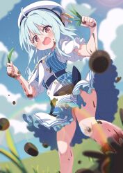 1girl absurdres ahoge barefoot beret blue_hair blue_sky blurry blurry_background blush breasts cloud commission day depth_of_field dirt dirty dirty_clothes dirty_face dirty_feet dress fang feet_out_of_frame frilled_sleeves frills from_below grass hair_between_eyes hat highres holding looking_at_viewer medium_hair necktie open_mouth original outdoors pinstripe_pattern puffy_short_sleeves puffy_sleeves rainbow red_eyes ribbon shiro9jira shirt short_sleeves skeb_commission skin_fang skirt sky solo stained_clothes standing striped_clothes striped_dress tearing_up tears thighs vertical-striped_clothes vertical-striped_dress white_necktie white_skirt