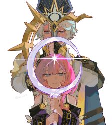1boy 1girl armor black_gloves blue_eyes coat cyrene_(honkai:_star_rail) dress fingerless_gloves gloves hair_ornament highres holding holding_staff holding_sword holding_weapon honkai:_star_rail honkai_(series) medium_hair multicolored_hair pauldrons phainon_(honkai:_star_rail) pink_hair purple_coat shima_(vivi_do) short_hair shoulder_armor simple_background single_pauldron smile staff sword two-tone_hair weapon white_background white_coat white_dress white_hair