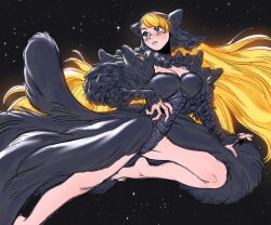 1girl aatom87 barefoot black_hood blonde_hair breasts cleavage commentary detached_hood dress dungeon_meshi fur-trimmed_dress fur_dress fur_trim green_eyes large_breasts long_dress long_hair marcille_donato marcille_donato_(lord) solo star_(sky) symbol-only_commentary symbol-shaped_pupils very_long_hair