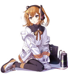 1girl a.i._voice absurdres adachi_rei alternate_costume aoshiro_05 bag battery black_pantyhose boots flat_chest gloves grey_skirt hair_between_eyes hair_ribbon hashtag-only_commentary headlamp headphones highres hood hooded_jacket jacket lace-up_boots long_sleeves looking_at_viewer neck_ribbon open_clothes open_jacket open_mouth orange_eyes orange_hair orange_ribbon pantyhose pocket radio_antenna ribbed_skirt ribbon shirt shoelaces shoes shoulder_bag side_ponytail sitting skirt solo striped_ribbon transparent_background unworn_bag utau wariza white_gloves white_jacket white_ribbon white_shirt white_shoes