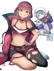 2girls ahoge blue_hair blue_jacket blush boots breasts brown_eyes cleavage clenched_teeth closed_mouth demon_girl demon_wings duel_monster evil_twin_ki-sikil hand_on_own_hip hat holding holding_phone holding_stuffed_toy hugging_object ishii_(young-moon) jacket ki-sikil_(yu-gi-oh!) lil-la_(yu-gi-oh!) live_twin_lil-la medium_breasts midriff multiple_girls navel open_mouth phone pink_hair pink_jacket short_shorts shorts simple_background stuffed_animal stuffed_toy teeth torn_clothes white_background wings yellow_eyes yu-gi-oh!