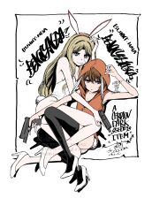 Rule 34 | 2girls, :&lt;, :3, absurdres, animal ear hairband, animal ears, armpits, artist name, ass, bare shoulders, black border, black thighhighs, blonde hair, blue eyes, bob cut, border, breasts, brown eyes, brown hair, character name, closed mouth, commentary, curled fingers, dated, english text, expressionless, fake animal ears, fake tail, floppy ears, frenda seivelun, from above, from side, full body, gun, hair between eyes, hair over shoulder, hairband, hand on own head, hand up, handgun, high contrast, high heels, highleg, highleg leotard, highres, holding, holding gun, holding weapon, hood, hood up, hoodie, kinuhata saiai, knees up, leotard, leotard under clothes, long hair, looking at viewer, loose hair strand, lounging, lying, lying on person, mac-v, multiple girls, naughty face, no pants, on side, orange hoodie, outside border, parted bangs, playboy bunny, rabbit ear hairband, rabbit ears, rabbit tail, red hairband, shoes, short hair, signature, sleeveless, sleeveless hoodie, small breasts, smile, strapless, strapless leotard, tail, thighhighs, toaru kagaku no railgun, toaru kagaku no railgun s, toaru majutsu no index, trigger discipline, v-shaped eyebrows, weapon, white background, white leotard, white shoes
