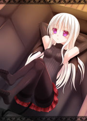 1girl absurdres armpits bad_feet bad_id bad_pixiv_id bat_wings black_pantyhose crossed_legs crotch_seam elbow_gloves feet female_focus gloves highres ikeda_yuuki long_hair lying md5_mismatch no_shoes original panties panties_under_pantyhose pantyhose pantyshot purple_eyes sitting skirt sleeveless sleeveless_turtleneck solo tail thighband_pantyhose turtleneck underwear upskirt white_hair wings