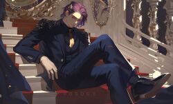 1boy absurdres black_jacket black_pants black_shirt black_shoes closed_mouth dr._ratio_(honkai:_star_rail) highres honkai:_star_rail honkai_(series) jacket male_focus pants pogogu purple_hair shirt shoes short_hair sitting solo stairs yellow_eyes