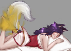 ahri_(league_of_legends) animal_ears facial_mark fart fox fox_ears fox_girl fox_tail korean_clothes league_of_legends sleeping tail