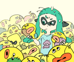 1girl animal_print aqua_eyes aqua_hair blue_shirt character_doll doll headgear headphones holding holding_stuffed_toy inkling inkling_girl inkling_player_character kiiroiyatsu_(kirin) long_hair monster_girl nintendo octarian_(enemy) print_shirt shirt short_sleeves simple_background splatoon_(series) splatoon_1 squid_girl squid_print stuffed_animal stuffed_fish stuffed_toy sweat sweatdrop t-shirt tentacle_hair zapfish