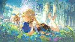 1girl bare_legs bare_shoulders black_collar black_dress blue_eyes cartethyia_(wuthering_waves) closed_mouth collar commentary crown_of_thorns dress earrings grass high_heels highres jewelry legs looking_at_viewer lying nokoya on_grass on_stomach outdoors parted_bangs pointy_ears shoes smile sock_puppet solo symbol-only_commentary tacet_mark_(wuthering_waves) the_pose white_shoes wuthering_waves