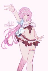 1girl ;) bikini bikini_skirt blue_jacket breasts commentary elf elysia_(honkai_impact) elysia_(miss_pink_elf)_(honkai_impact) elysia_(summer_miss_elf)_(honkai_impact) english_commentary hairband highres honkai_(series) honkai_impact_3rd jacket long_hair medium_breasts mitanaarts navel official_alternate_costume one_eye_closed pink_hair pointy_ears scrunchie see-through_clothes see-through_jacket simple_background smile solo stomach swimsuit thigh_strap twitter_username v white_background white_bikini white_hairband wrist_scrunchie