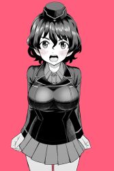 Rule 34 | 1girl, akaboshi koume, arms behind back, blush, breasts, collared shirt, commentary request, cowboy shot, garrison cap, girls und panzer, greyscale, hat, highres, jacket, kuromorimine military uniform, large breasts, long sleeves, looking at viewer, military jacket, military uniform, miniskirt, monochrome, open mouth, pleated skirt, red background, shirt, short hair, simple background, skirt, solo, spot color, sutahiro (donta), taut clothes, wavy hair