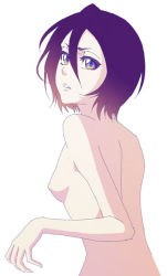 Rule 34 | 1girl, back, black hair, bleach, blue eyes, breasts, female focus, kuchiki rukia, laforce, looking at viewer, looking back, nipples, nude, short hair, simple background, small breasts, solo, white background
