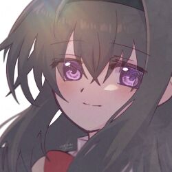 1girl absurdres akemi_homura amai_yume black_hair bow bowtie hairband head_only highres light_smile long_hair looking_at_viewer portrait purple_eyes red_bow red_bowtie solo